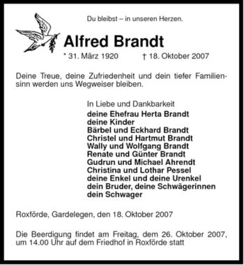 Traueranzeige von Alfred Brandt von ALLGEMEINE ZEITUNG UELZEN