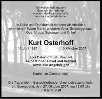 Traueranzeige von Kurt Osterhoff von ALLGEMEINE ZEITUNG UELZEN