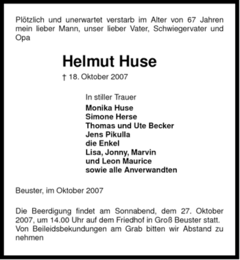 Traueranzeige von Helmut Huse von ALLGEMEINE ZEITUNG UELZEN