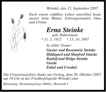 Traueranzeige von Erna Steinke von ALLGEMEINE ZEITUNG UELZEN