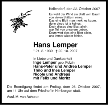 Traueranzeige von Hans Lemper von ALLGEMEINE ZEITUNG UELZEN