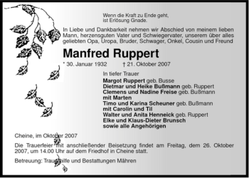 Traueranzeige von Manfred Ruppert von ALLGEMEINE ZEITUNG UELZEN