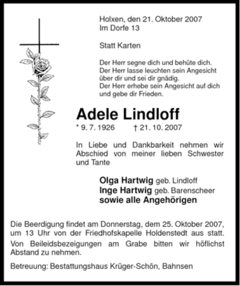 Traueranzeige von Adele Lindloff von ALLGEMEINE ZEITUNG UELZEN