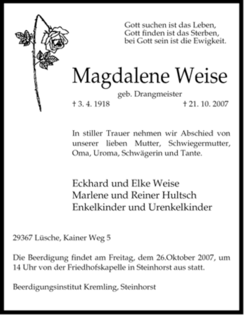 Traueranzeige von Magdalene Weise von ALLGEMEINE ZEITUNG UELZEN