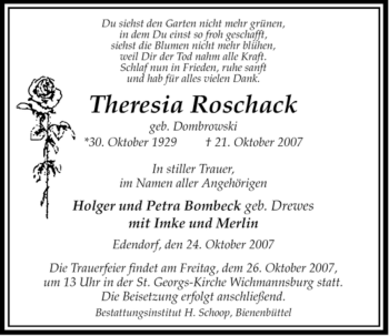 Traueranzeige von Theresia Roschack von ALLGEMEINE ZEITUNG UELZEN