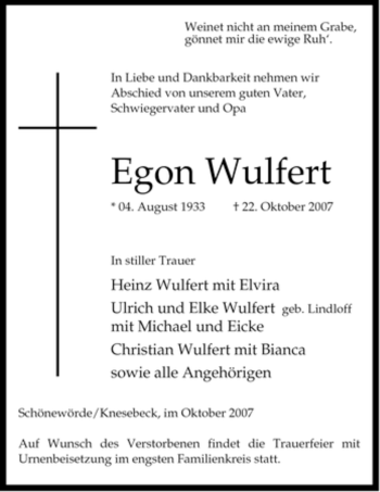 Traueranzeige von Egon Wulfert von ALLGEMEINE ZEITUNG UELZEN