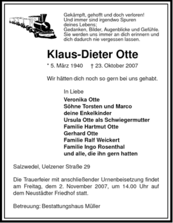 Traueranzeige von Klaus-Dieter Otte von ALLGEMEINE ZEITUNG UELZEN