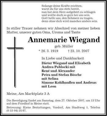 Traueranzeige von Wiegand, Annemarie von ALLGEMEINE ZEITUNG UELZEN