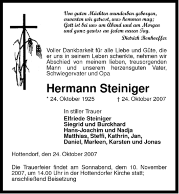 Traueranzeige von Hermann Steiniger von ALLGEMEINE ZEITUNG UELZEN