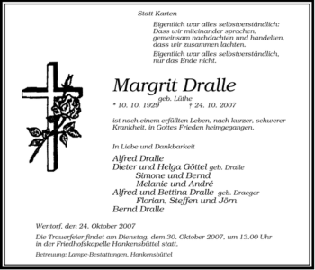 Traueranzeige von Margrit Dralle von ALLGEMEINE ZEITUNG UELZEN