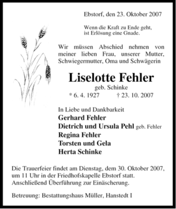 Traueranzeige von Liselotte Fehler von ALLGEMEINE ZEITUNG UELZEN