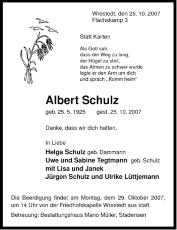 Traueranzeige von Albert Schulz von ALLGEMEINE ZEITUNG UELZEN