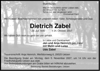 Traueranzeige von Dietrich Zabel von ALLGEMEINE ZEITUNG UELZEN