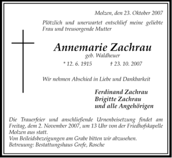 Traueranzeige von Annemarie Zachrau von ALLGEMEINE ZEITUNG UELZEN