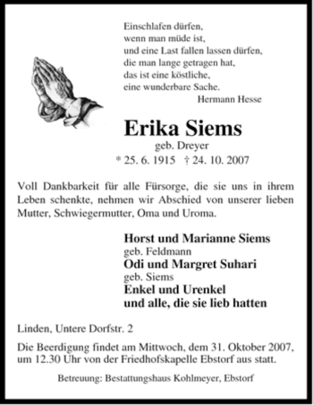 Traueranzeige von Erika Siems von ALLGEMEINE ZEITUNG UELZEN