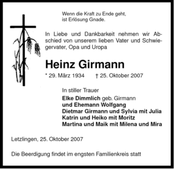 Traueranzeige von Heinz Girmann von ALLGEMEINE ZEITUNG UELZEN
