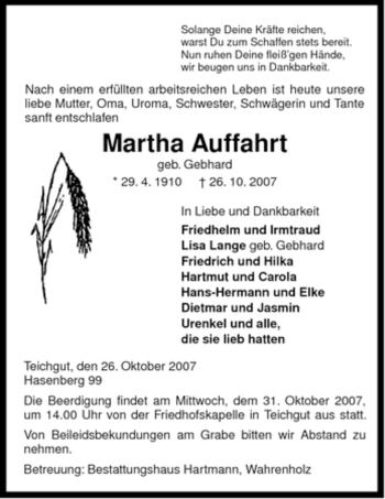 Traueranzeige von Martha Auffahrt von ALLGEMEINE ZEITUNG UELZEN