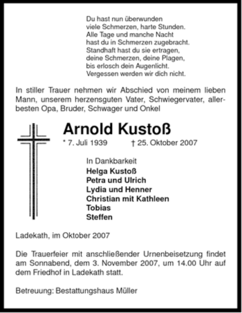 Traueranzeige von Arnold Kustoß von ALLGEMEINE ZEITUNG UELZEN