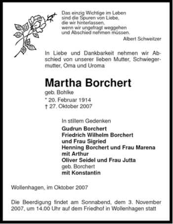 Traueranzeige von Martha Borchert von ALLGEMEINE ZEITUNG UELZEN