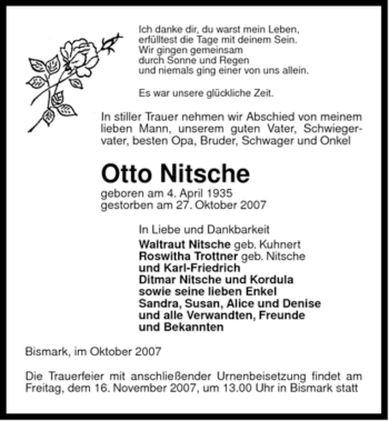 Traueranzeige von Otto Nitsche von ALLGEMEINE ZEITUNG UELZEN