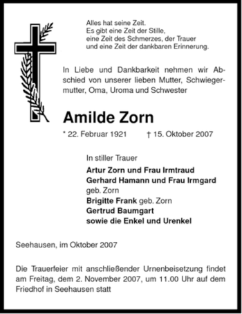 Traueranzeige von Amilde Zorn von ALLGEMEINE ZEITUNG UELZEN