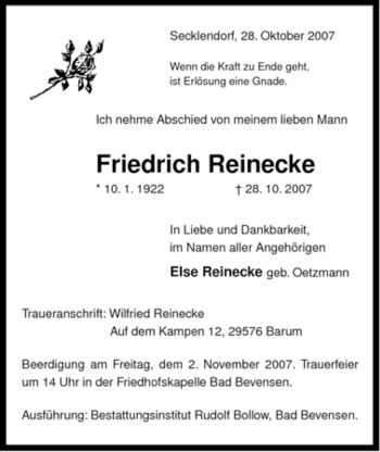 Traueranzeige von Friedrich Reinecke von ALLGEMEINE ZEITUNG UELZEN