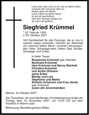 Traueranzeige von Siegfried Krümmel von ALLGEMEINE ZEITUNG UELZEN