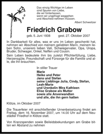 Traueranzeige von Friedrich Grabow von ALLGEMEINE ZEITUNG UELZEN