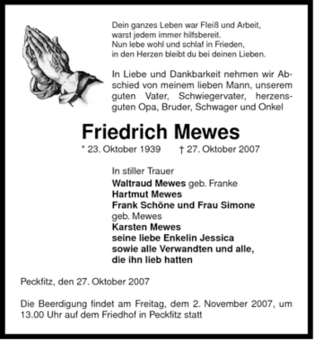 Traueranzeige von Friedrich Mewes von ALLGEMEINE ZEITUNG UELZEN