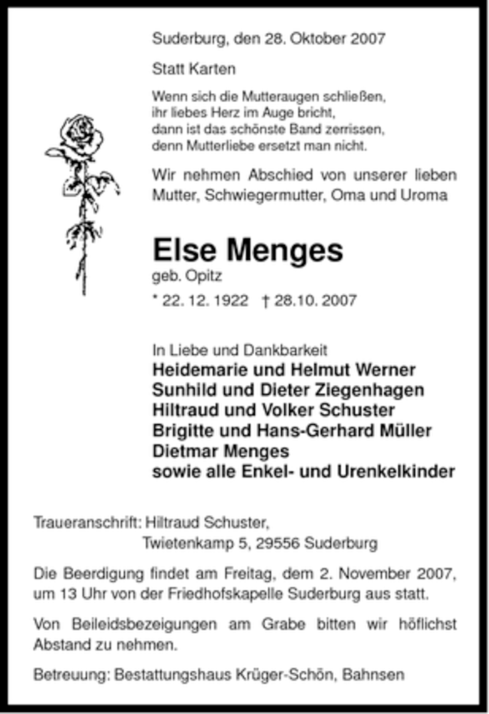  Traueranzeige für Else Menges vom 31.10.2007 aus ALLGEMEINE ZEITUNG UELZEN
