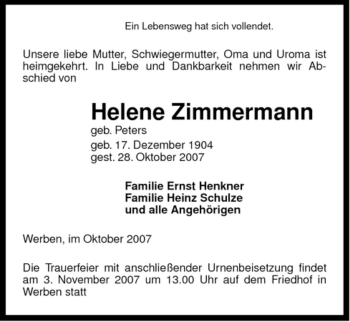 Traueranzeige von Helene Zimmermann von ALLGEMEINE ZEITUNG UELZEN
