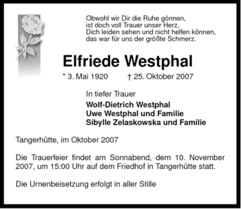 Traueranzeige von Elfriede Westphal von ALLGEMEINE ZEITUNG UELZEN