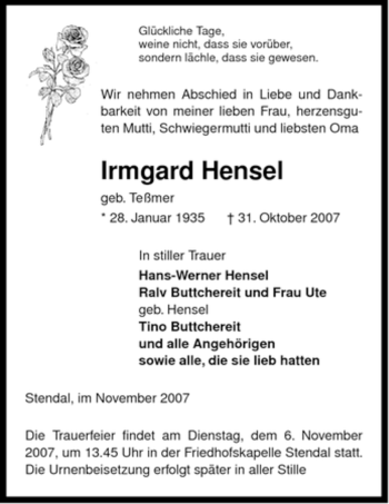 Traueranzeige von Irmgard Hensel von ALLGEMEINE ZEITUNG UELZEN