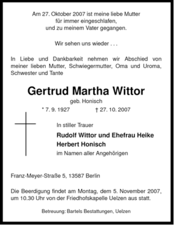 Traueranzeige von Gertrud Martha von ALLGEMEINE ZEITUNG UELZEN