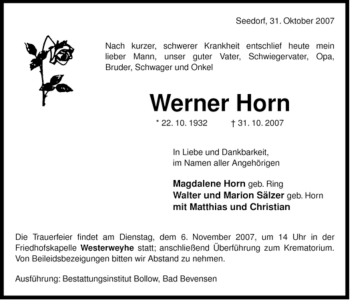 Traueranzeige von Werner Horn von ALLGEMEINE ZEITUNG UELZEN