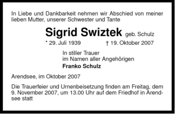 Traueranzeige von Sigrid Swiztek von ALLGEMEINE ZEITUNG UELZEN