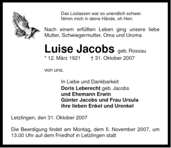 Traueranzeige von Luise Jacobs von ALLGEMEINE ZEITUNG UELZEN