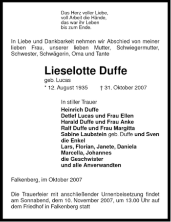 Traueranzeige von Lieselotte Duffe von ALLGEMEINE ZEITUNG UELZEN