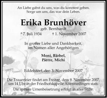 Traueranzeige von Erika Brunhöver von ALLGEMEINE ZEITUNG UELZEN