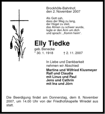 Traueranzeige von Elly Tiedke von ALLGEMEINE ZEITUNG UELZEN