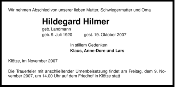 Traueranzeige von Hildegard Hilmer von ALLGEMEINE ZEITUNG UELZEN