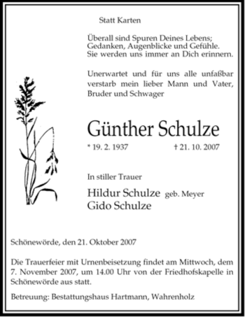 Traueranzeige von Günther Schulze von ALLGEMEINE ZEITUNG UELZEN