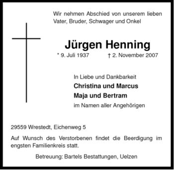 Traueranzeige von Jürgen Henning von ALLGEMEINE ZEITUNG UELZEN