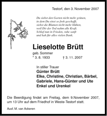 Traueranzeige von Lieselotte Brütt von ALLGEMEINE ZEITUNG UELZEN