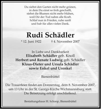 Traueranzeige von Rudi Schädler von ALLGEMEINE ZEITUNG UELZEN