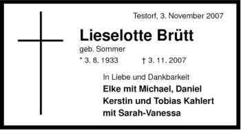 Traueranzeige von Lieselotte Brütt von ALLGEMEINE ZEITUNG UELZEN