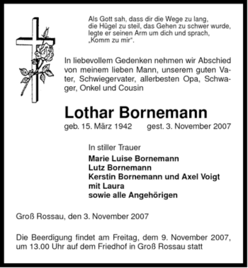 Traueranzeige von Lothar Bornemann von ALLGEMEINE ZEITUNG UELZEN