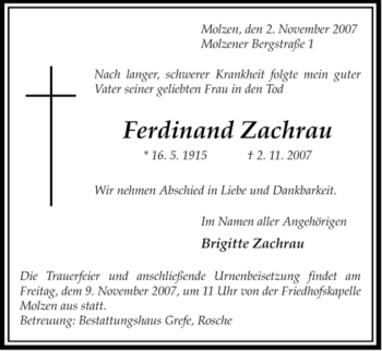 Traueranzeige von Ferdinand Zachrau von ALLGEMEINE ZEITUNG UELZEN