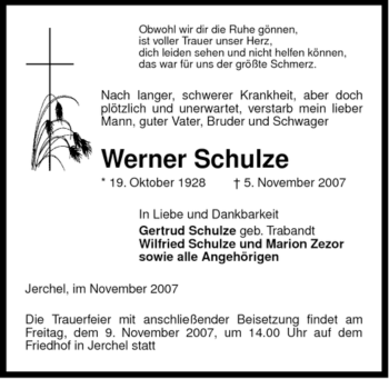Traueranzeige von Werner Schulze von ALLGEMEINE ZEITUNG UELZEN