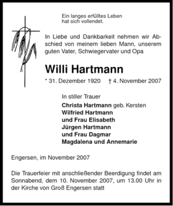 Traueranzeige von Willi Hartmann von ALLGEMEINE ZEITUNG UELZEN